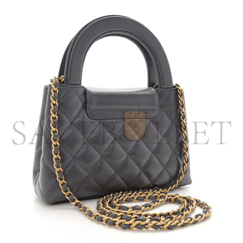 CHANEL MASTER KELLY BAG QUILTED GREY SHINY CALFSKIN GOLD HARDWARE  (19*13*7cm)